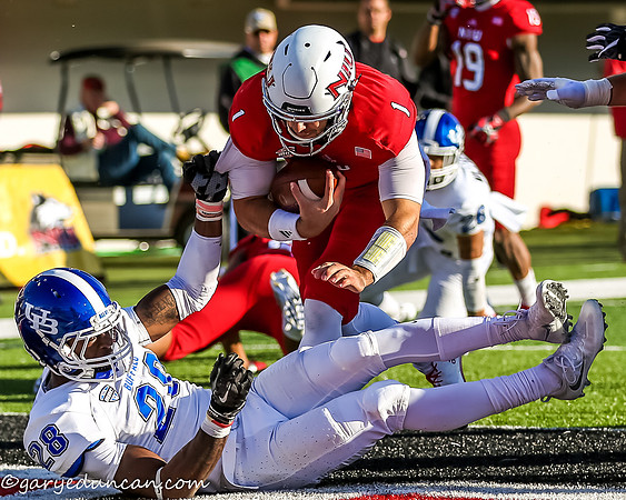 Northern Illinois Huskies quarterback ANTHONY MADDIE (1) scores his fourth touchdown of the day during NCAA football game action between Buffalo and Northern Illinois University at Huskie Stadium in D